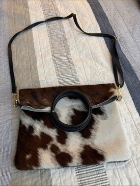 Cowhide Crossbody Bag with Black Ring Accent - Brown & White